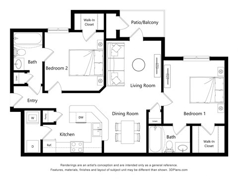Floor plan for 2 beds, 2 baths, 1070 sqft
